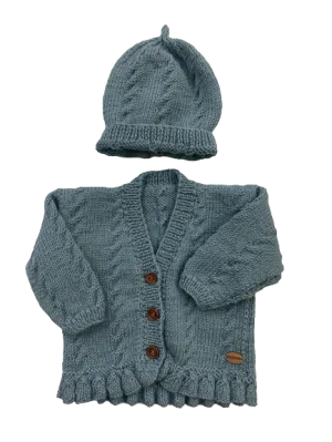 0-3M Aqua Merino Cardigan   Hat  Set | Ida & Ish