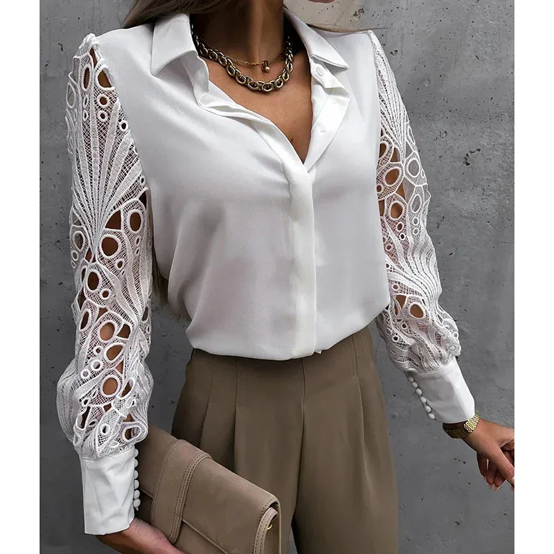 2024 Spring Lace Patchwork Sexy Hollow Out Long Sleeve Turn-down Collar White Button Up Office Wear Blouse