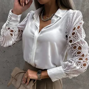 2024 Spring Lace Patchwork Sexy Hollow Out Long Sleeve Turn-down Collar White Button Up Office Wear Blouse