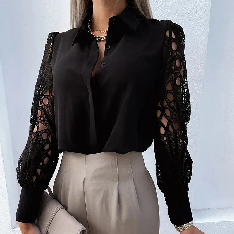 2024 Spring Lace Patchwork Sexy Hollow Out Long Sleeve Turn-down Collar White Button Up Office Wear Blouse