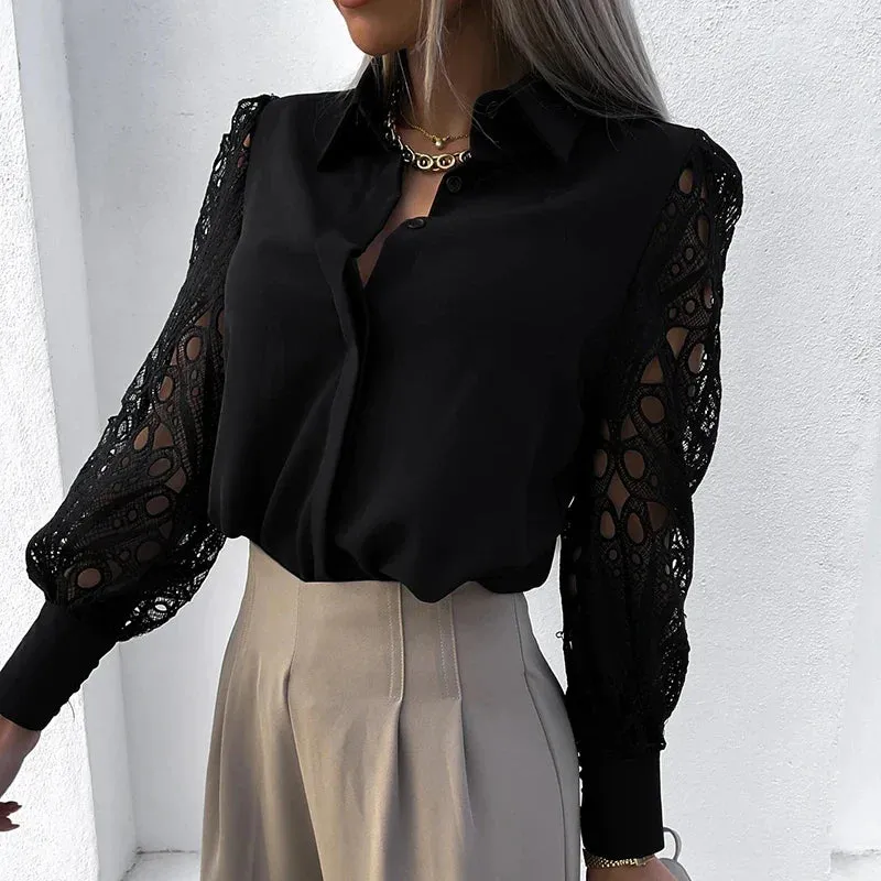 2024 Spring Lace Patchwork Sexy Hollow Out Long Sleeve Turn-down Collar White Button Up Office Wear Blouse