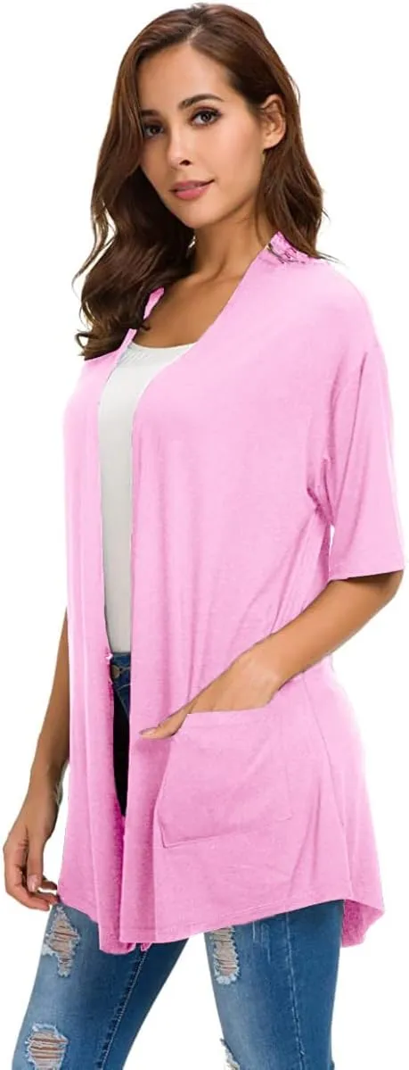 ADANIKI Womens Short Sleeve Open Front Lightweight Casual Comfy Long Line Drape Hem Soft Modal Cardigans Sweater