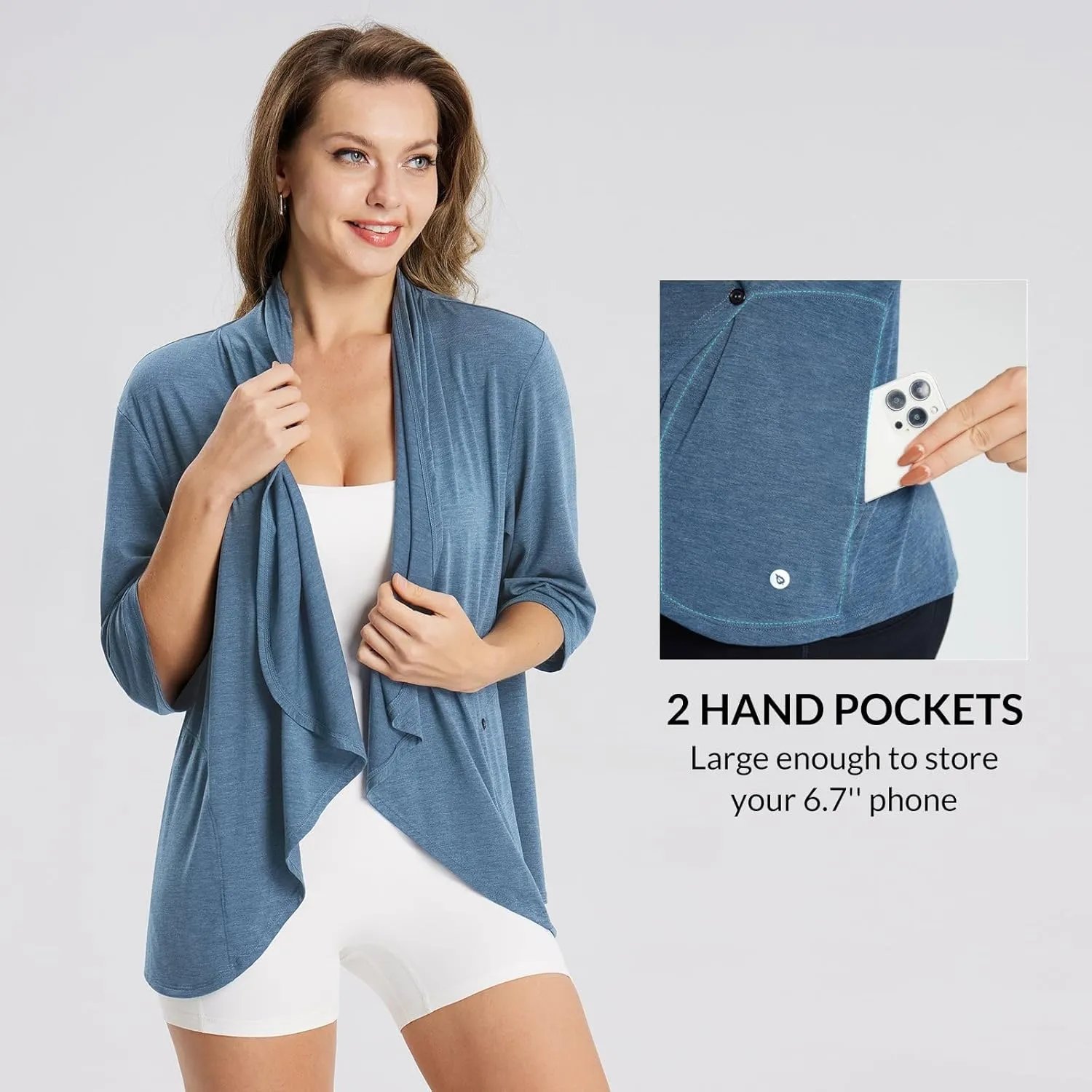baleaf Women's Lightweight Cardigans Open Front 3/4 Sleeve Soft Summer Long Cardigan with Pockets for Office Yoga