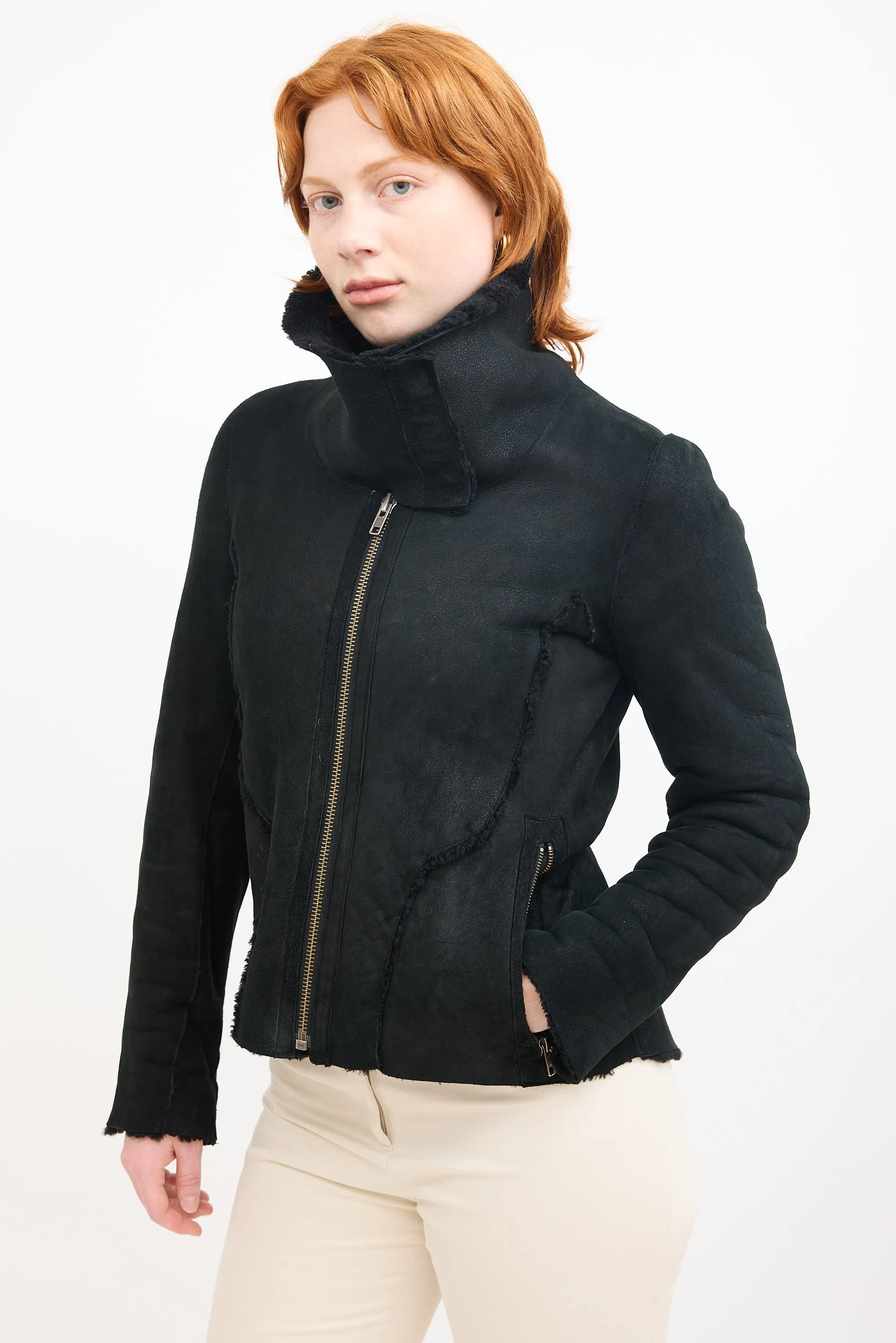 Black Suede & Shearling Zip Jacket