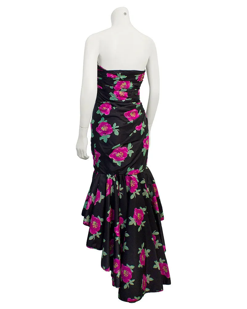 Black Taffeta Strapless Floral Gown