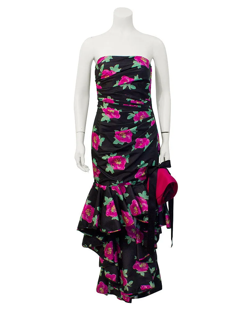 Black Taffeta Strapless Floral Gown