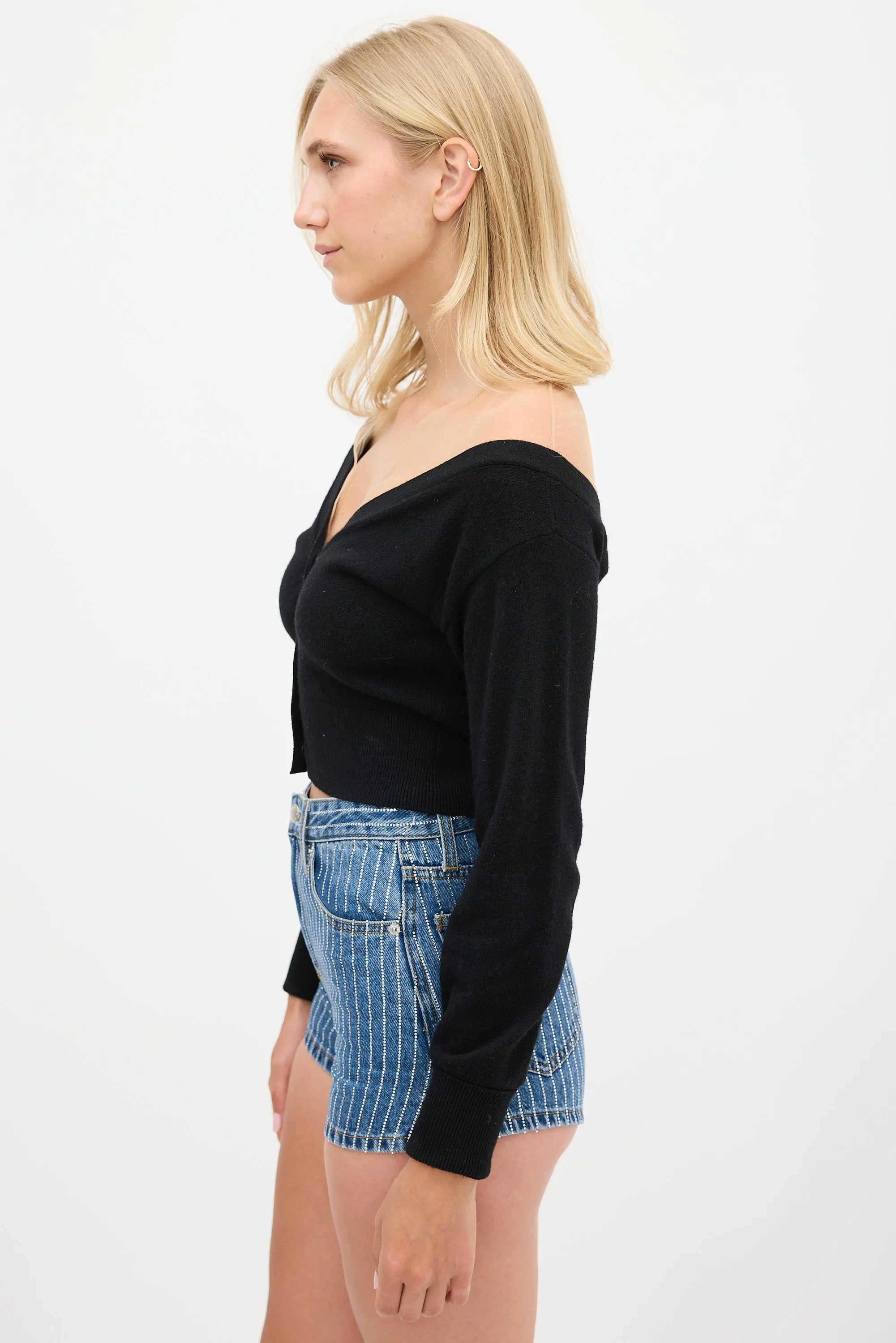 Black Wool & Beige Mesh Cropped Cardigan