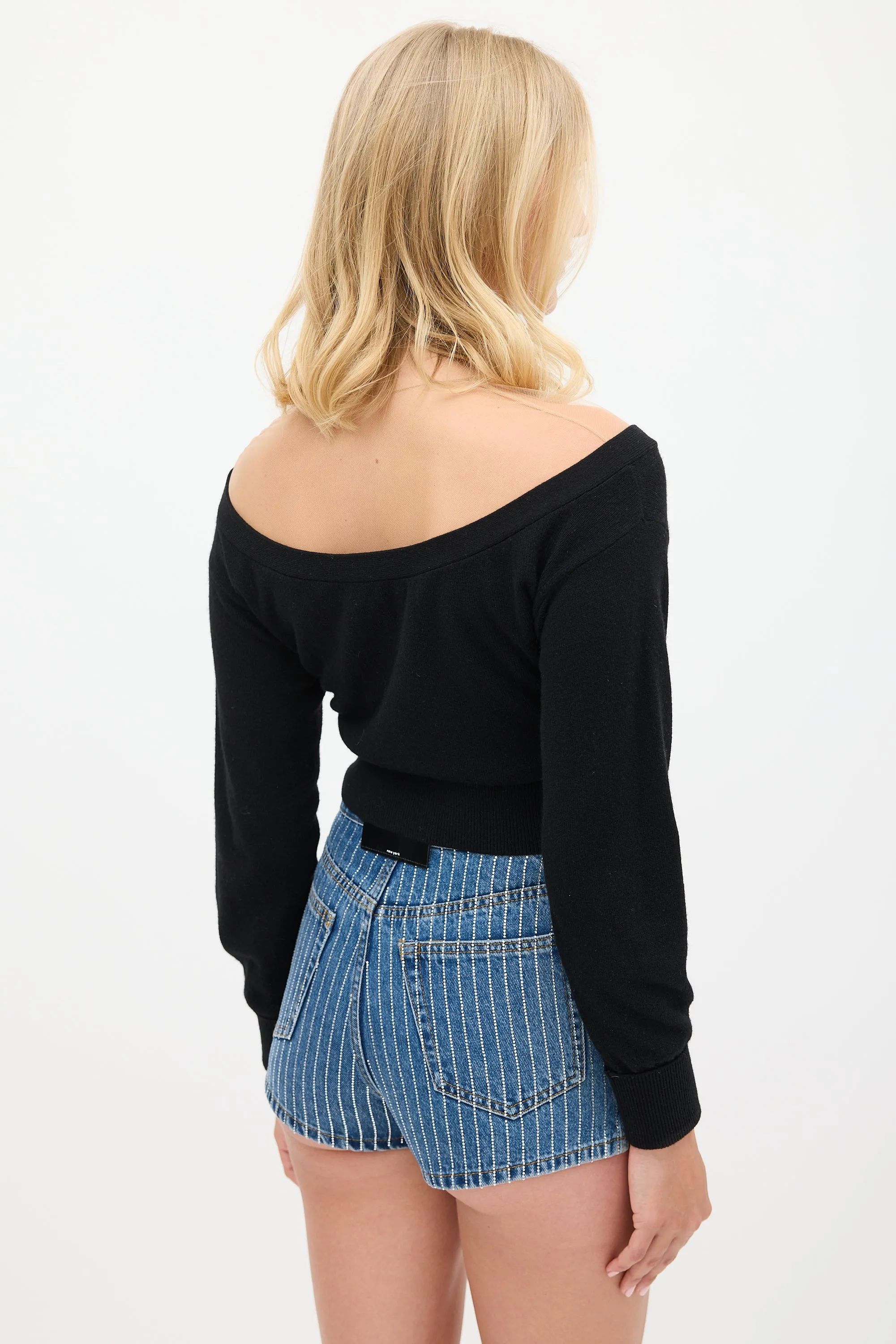 Black Wool & Beige Mesh Cropped Cardigan