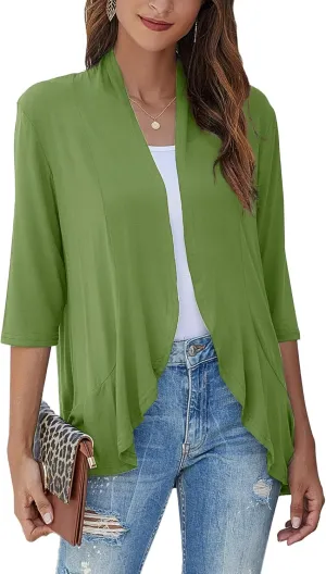 Bluetime Women's Casual Lightweight Open Front Cardigans Soft Draped Ruffles 3/4 Sleeve Cardigan (S-3XL)
