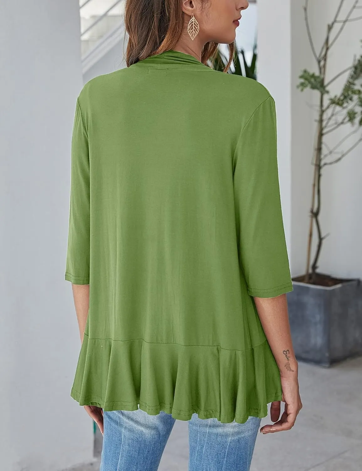 Bluetime Women's Casual Lightweight Open Front Cardigans Soft Draped Ruffles 3/4 Sleeve Cardigan (S-3XL)
