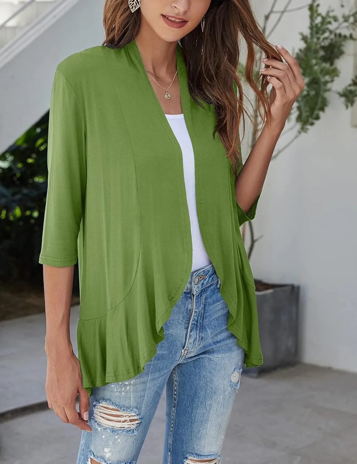 Bluetime Women's Casual Lightweight Open Front Cardigans Soft Draped Ruffles 3/4 Sleeve Cardigan (S-3XL)