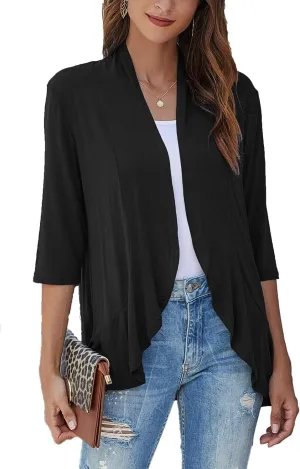 Bluetime Women's Casual Lightweight Open Front Cardigans Soft Draped Ruffles 3/4 Sleeve Cardigan (S-3XL)