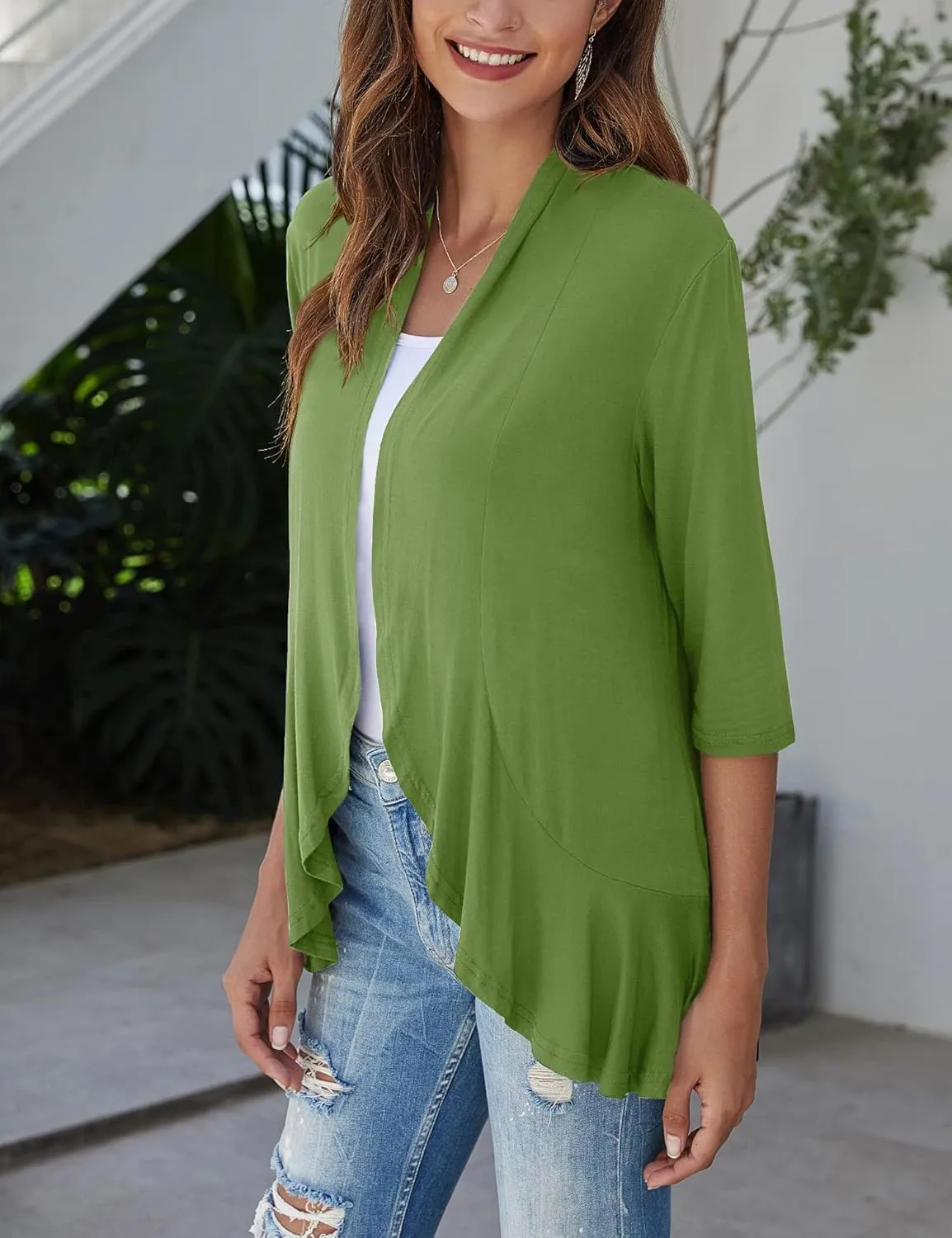 Bluetime Women's Casual Lightweight Open Front Cardigans Soft Draped Ruffles 3/4 Sleeve Cardigan (S-3XL)