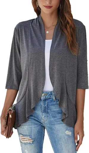 Bluetime Women's Casual Lightweight Open Front Cardigans Soft Draped Ruffles 3/4 Sleeve Cardigan (S-3XL)