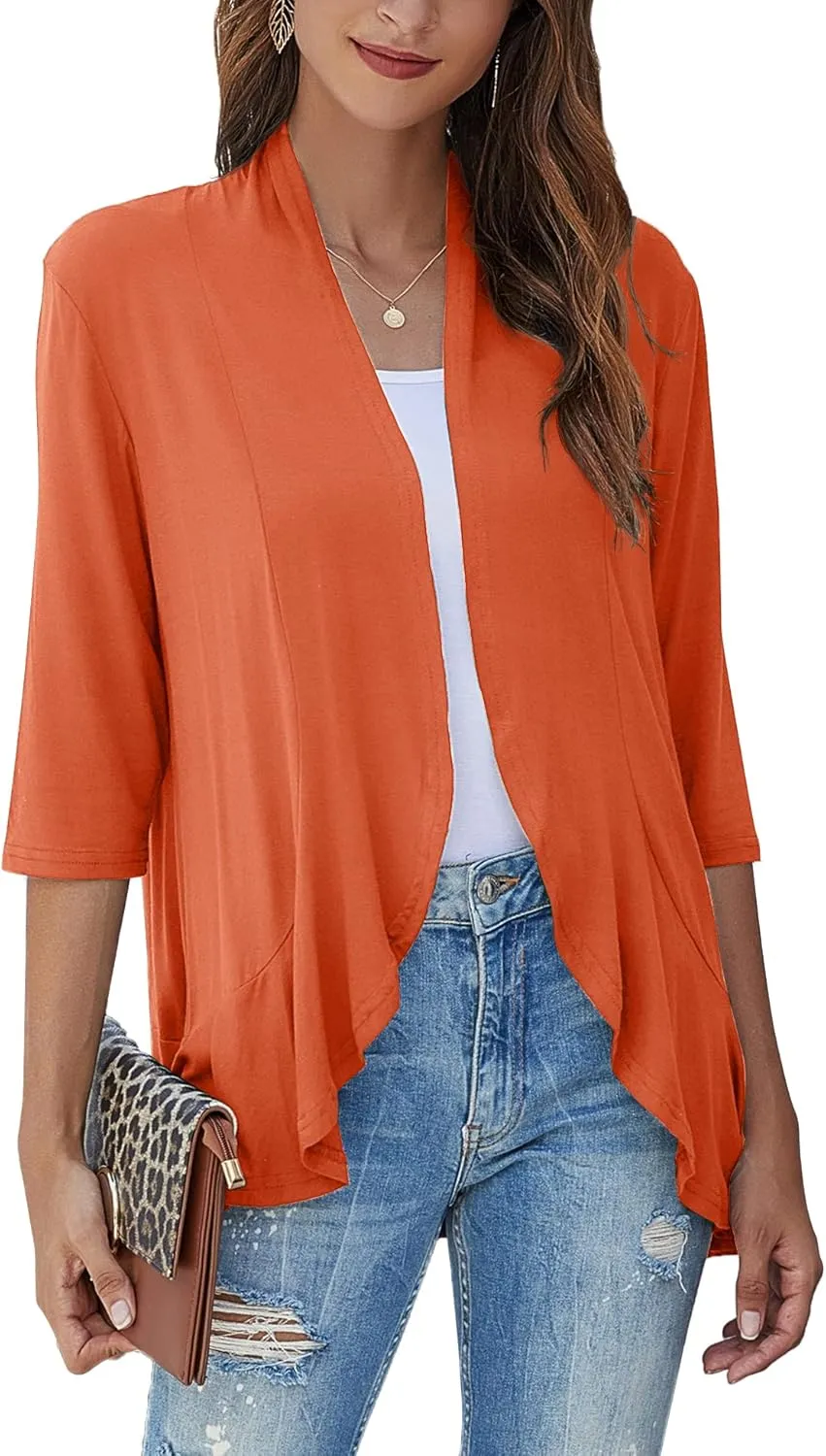Bluetime Women's Casual Lightweight Open Front Cardigans Soft Draped Ruffles 3/4 Sleeve Cardigan (S-3XL)