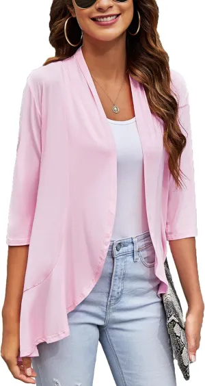 Bluetime Women's Casual Lightweight Open Front Cardigans Soft Draped Ruffles 3/4 Sleeve Cardigan (S-3XL)