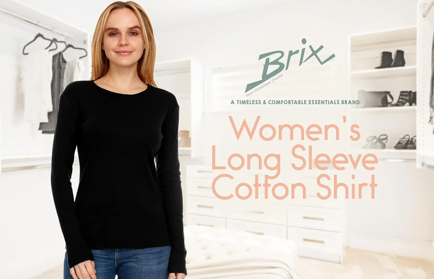 Brix Women's Long Sleeve Tee - Crewneck Cotton T-Shirt Tagless Super Soft Classic and Fitted.
