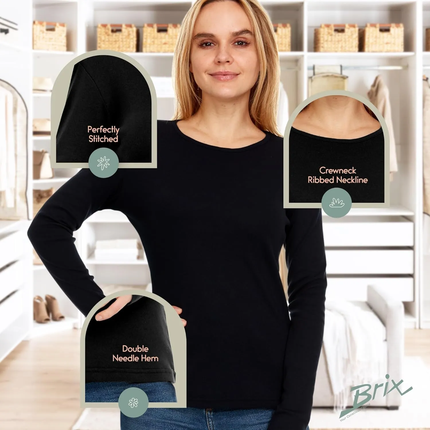 Brix Women's Long Sleeve Tee - Crewneck Cotton T-Shirt Tagless Super Soft Classic and Fitted.