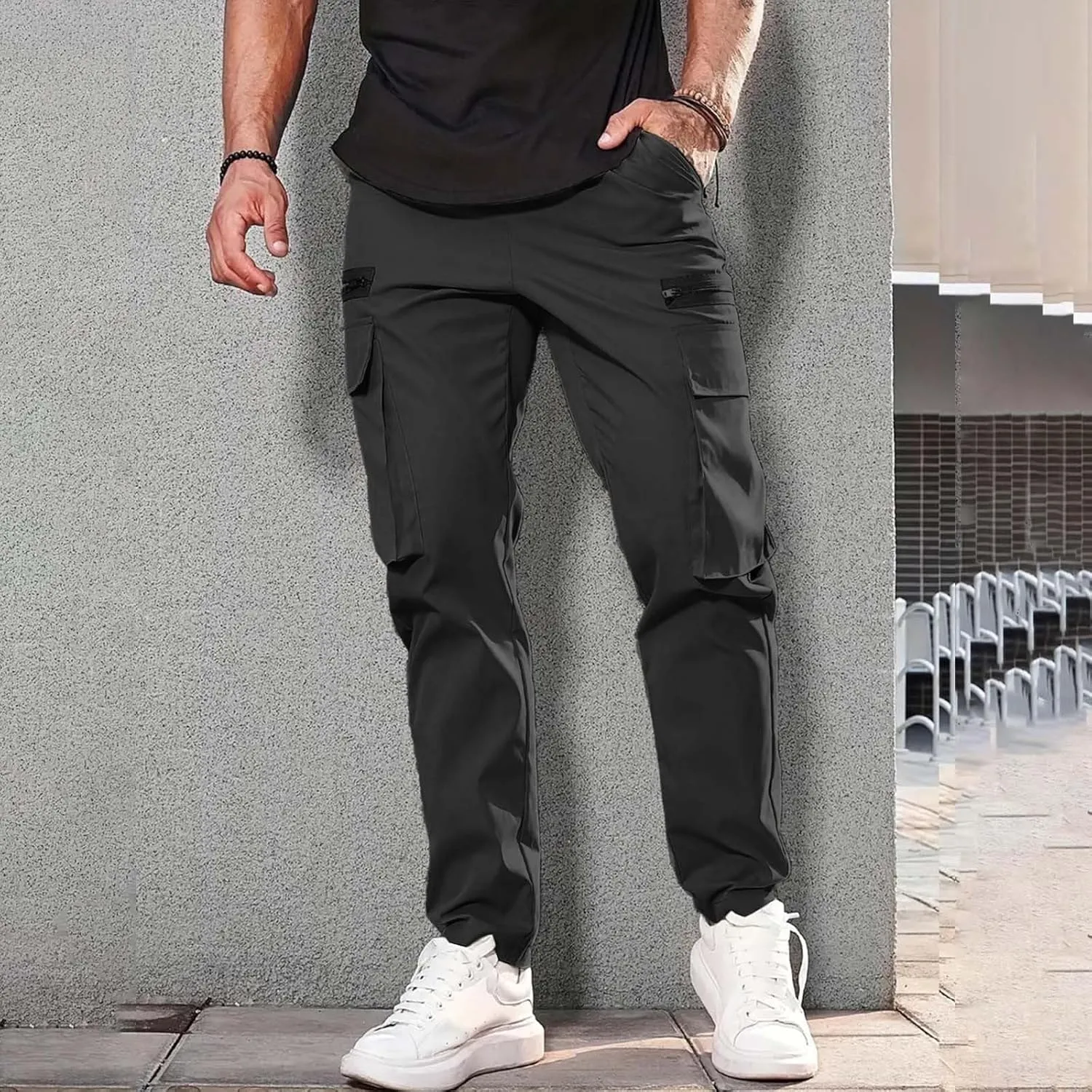 CRNTCEM Baggy Cargo Pants for Men Straight Hipster Hip Hop Sweatpants Pull On Tactical Military Trousers with Multi-Pockets