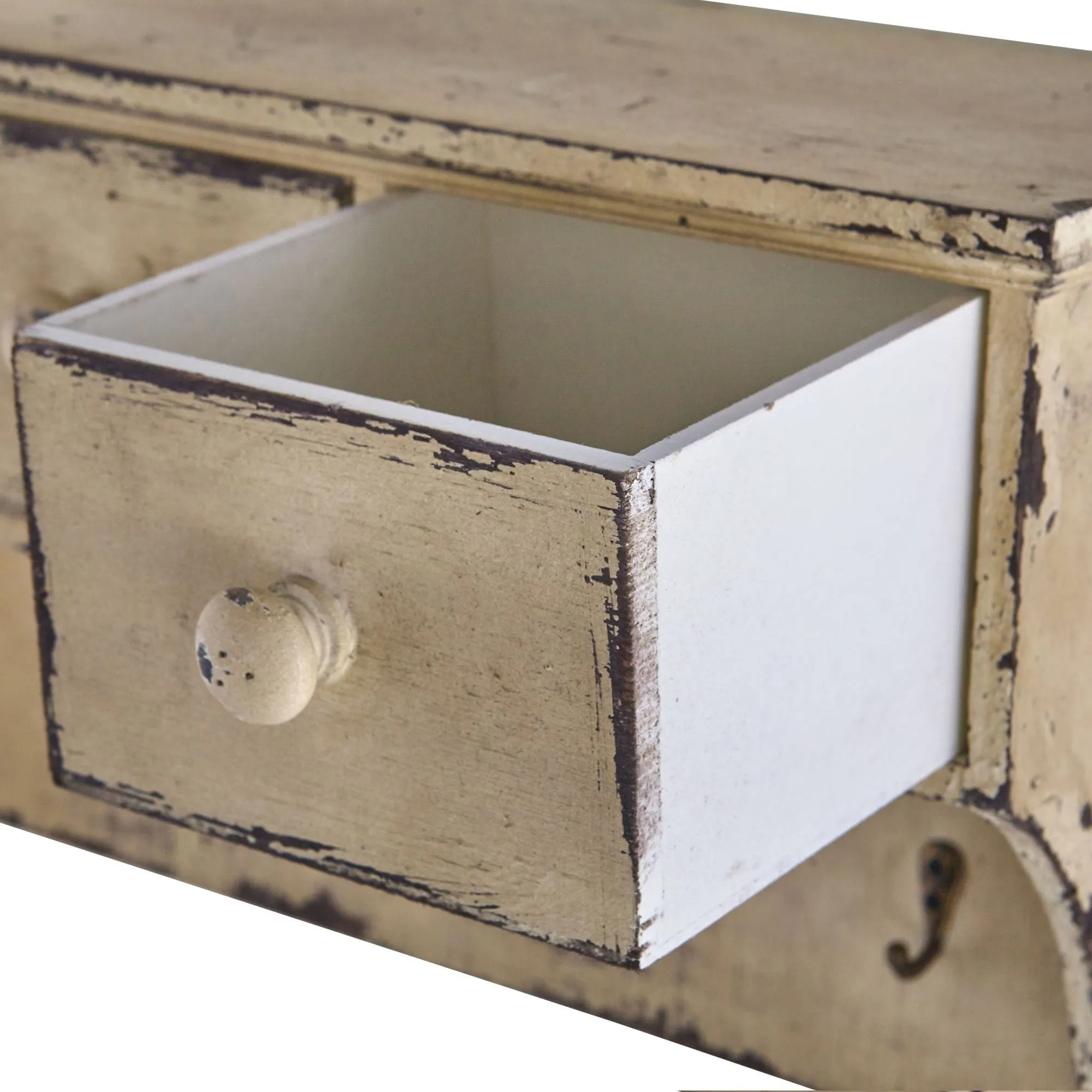 Distressed Wooden Shelf with Drawers and Hooks