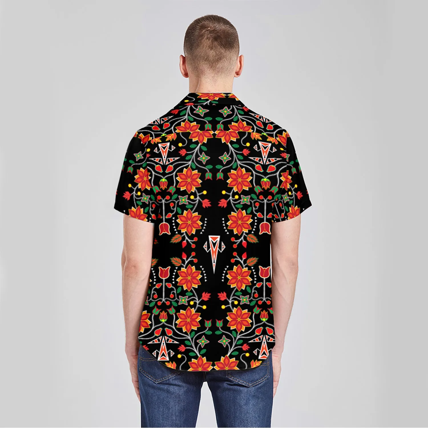 Floral Beadwork Six Bands Button Up Silk Shirt