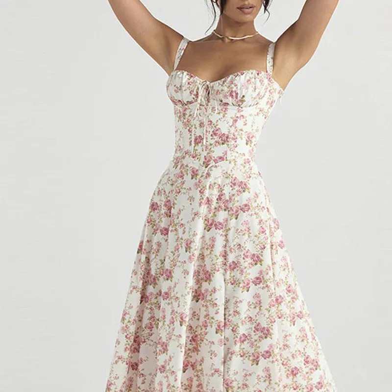 French Floral Printed Backless Long Dress