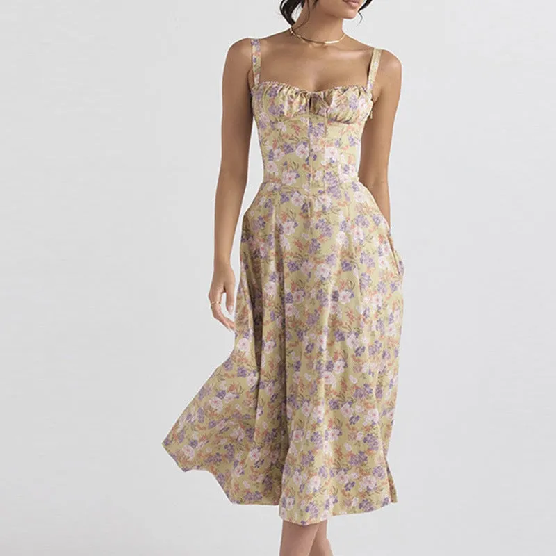 French Floral Printed Backless Long Dress