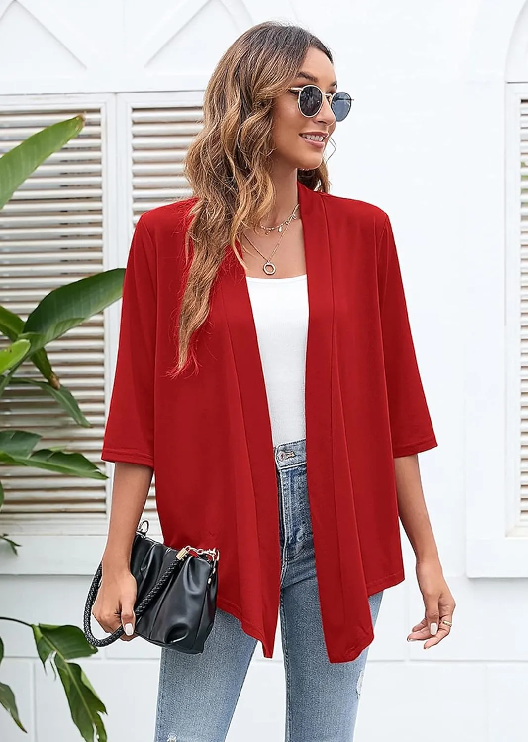 Heymoments Women's Lightweight Open Front Cardigans 3/4 Sleeve Casual Soft Drape Fall Cardigan S-2XL