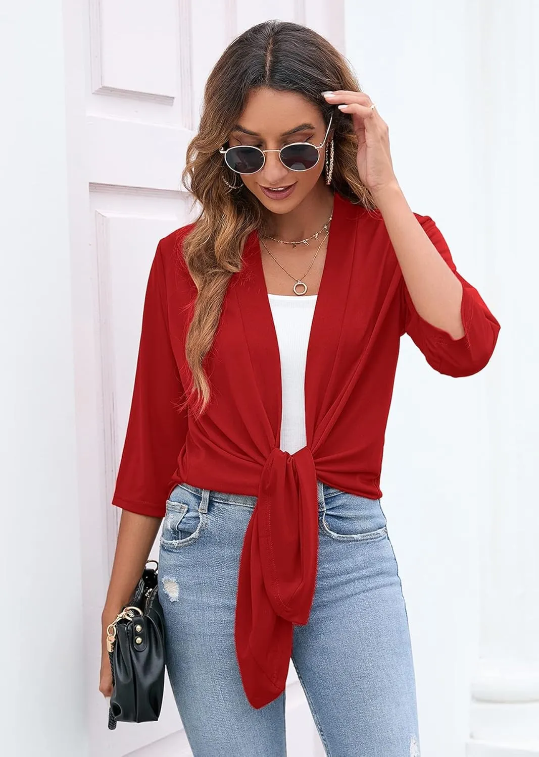 Heymoments Women's Lightweight Open Front Cardigans 3/4 Sleeve Casual Soft Drape Fall Cardigan S-2XL