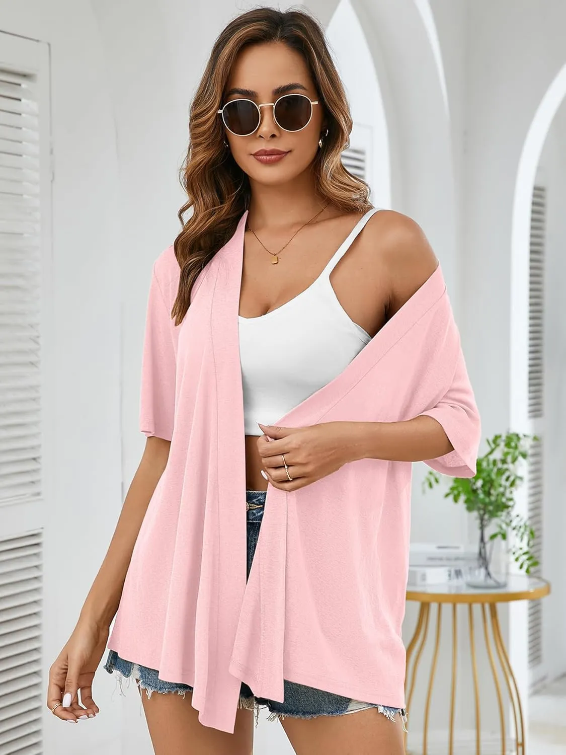 Heymoments Women's Lightweight Open Front Knit Cardigans Short Sleeve Casual Soft Drape Summer Cardigan S-2XL
