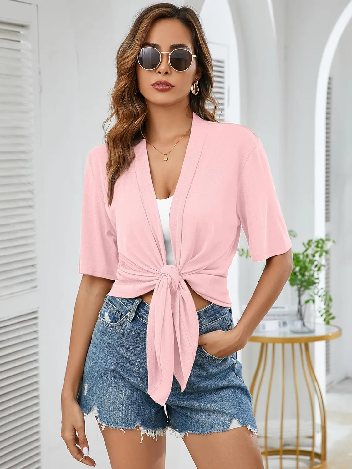 Heymoments Women's Lightweight Open Front Knit Cardigans Short Sleeve Casual Soft Drape Summer Cardigan S-2XL