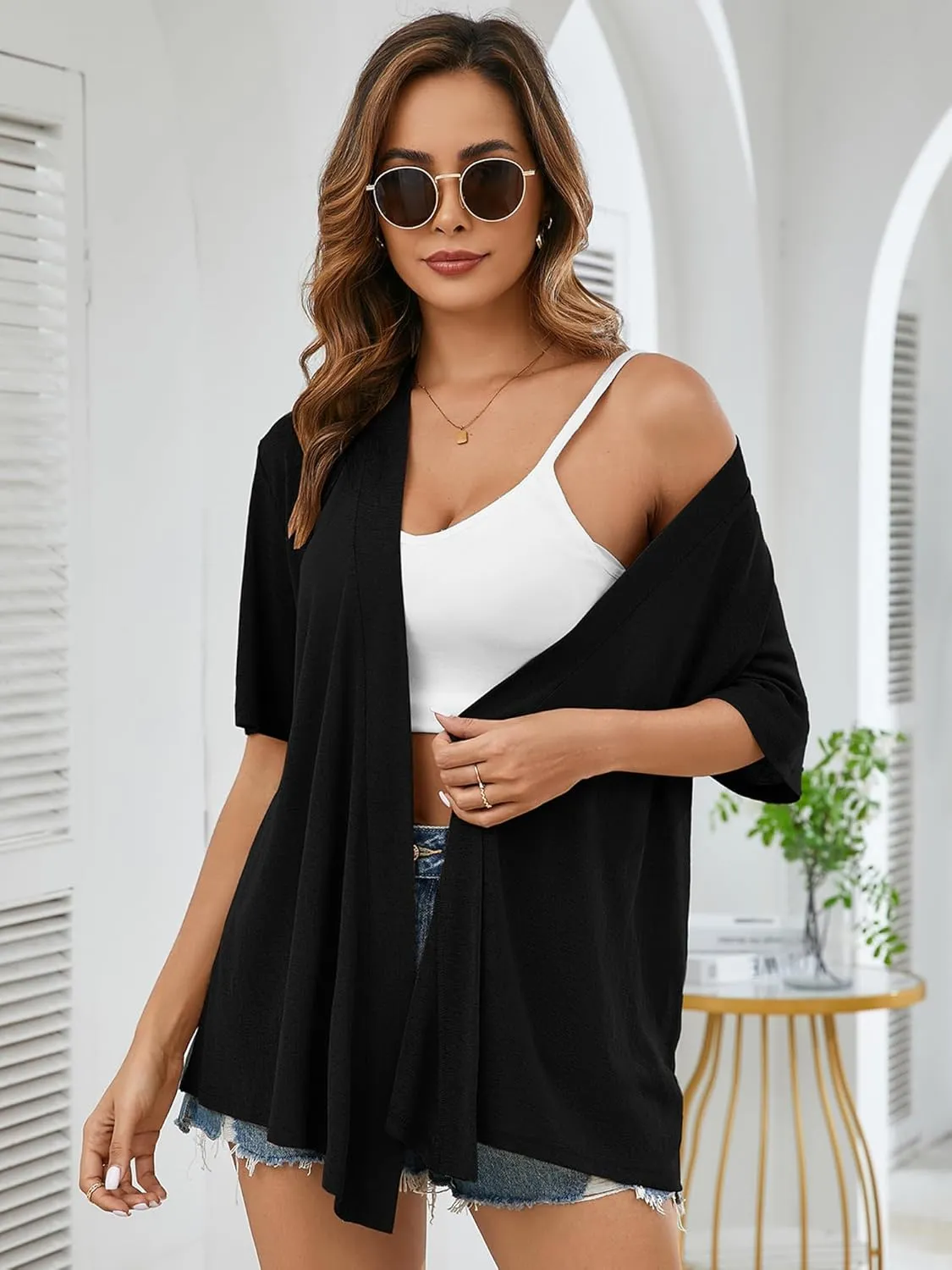 Heymoments Women's Lightweight Open Front Knit Cardigans Short Sleeve Casual Soft Drape Summer Cardigan S-2XL