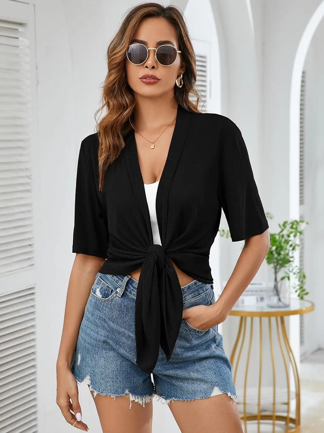 Heymoments Women's Lightweight Open Front Knit Cardigans Short Sleeve Casual Soft Drape Summer Cardigan S-2XL