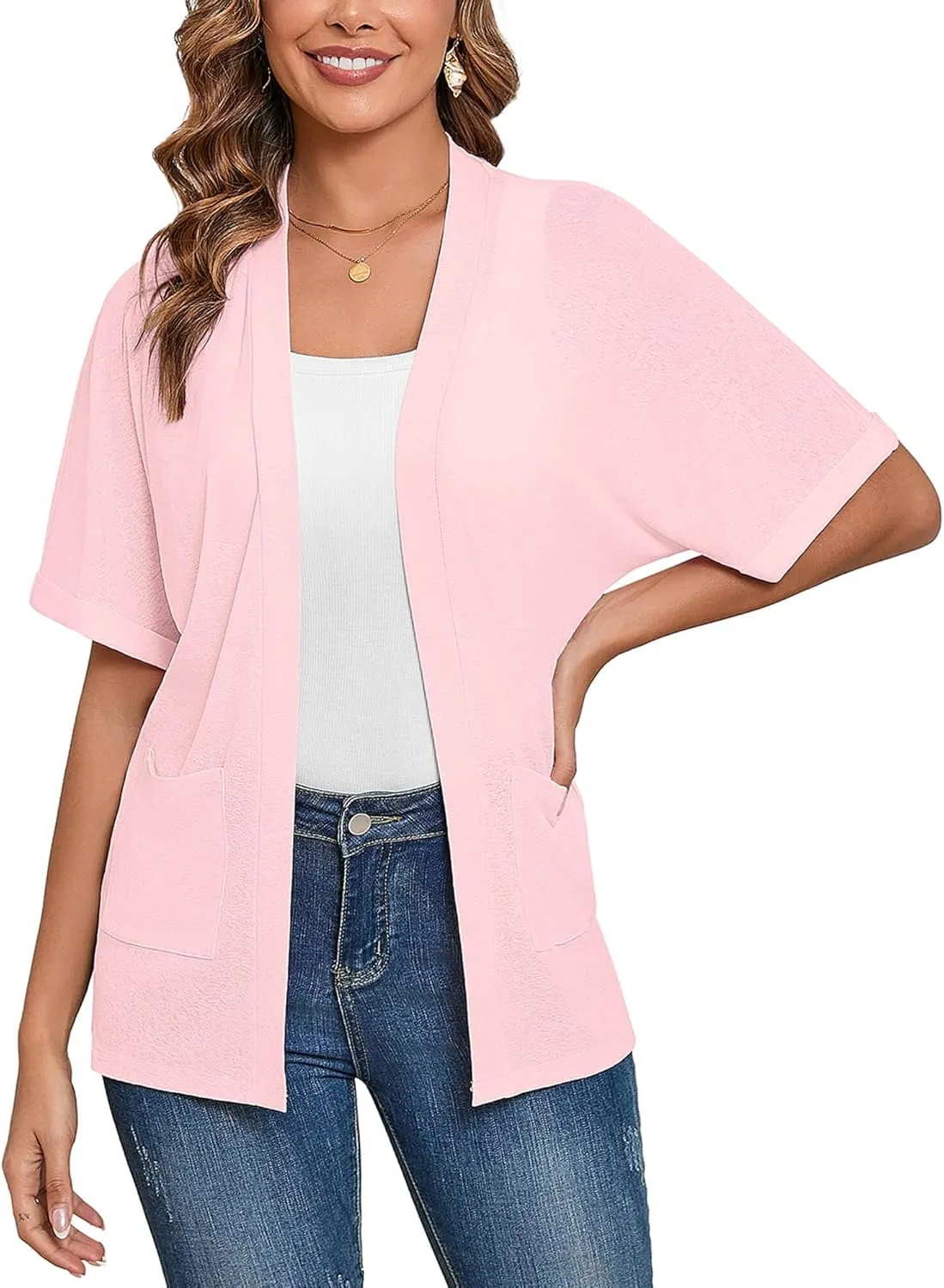 Heymoments Women's Lightweight Open Front Knit Cardigans Short Sleeve Casual Soft Drape Summer Cardigan S-2XL