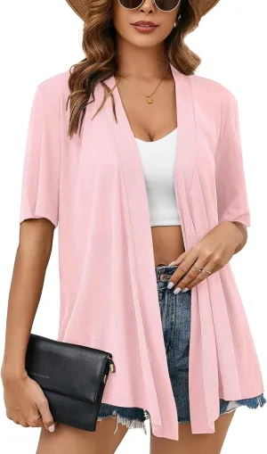 Heymoments Women's Lightweight Open Front Knit Cardigans Short Sleeve Casual Soft Drape Summer Cardigan S-2XL