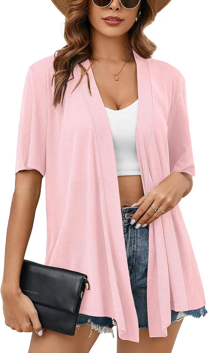 Heymoments Women's Lightweight Open Front Knit Cardigans Short Sleeve Casual Soft Drape Summer Cardigan S-2XL