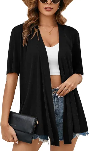 Heymoments Women's Lightweight Open Front Knit Cardigans Short Sleeve Casual Soft Drape Summer Cardigan S-2XL