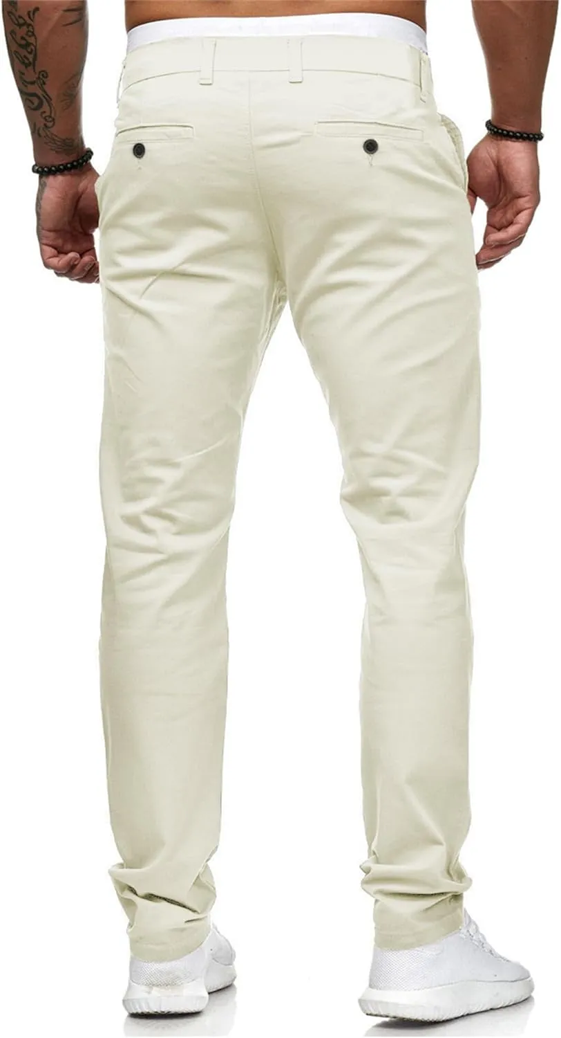 HUNGSON Mens Chinos Dress Pants Slim Straight Fit Flat-Front Golf Pants Casual Travel Slacks