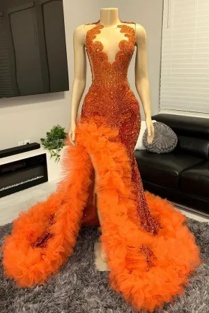 kamahe V-neck Orange Beaded Tulle Ruffles Sequin Prom Dresses
