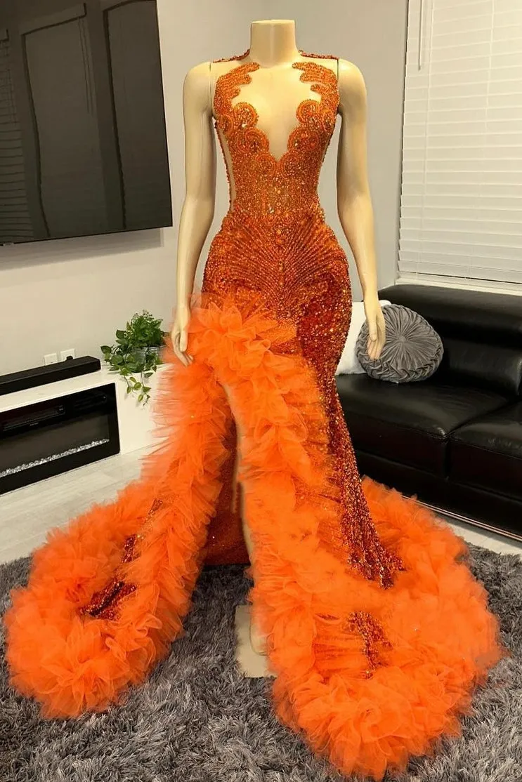 kamahe V-neck Orange Beaded Tulle Ruffles Sequin Prom Dresses