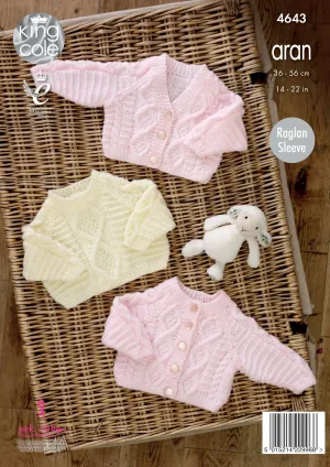 King Cole 4643 Aran Baby Knitting Pattern - Cardigans & Sweater (14 - 22in)