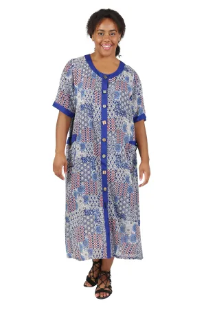 La Cera Blue Patchwork Plus Size Short Sleeve Dress