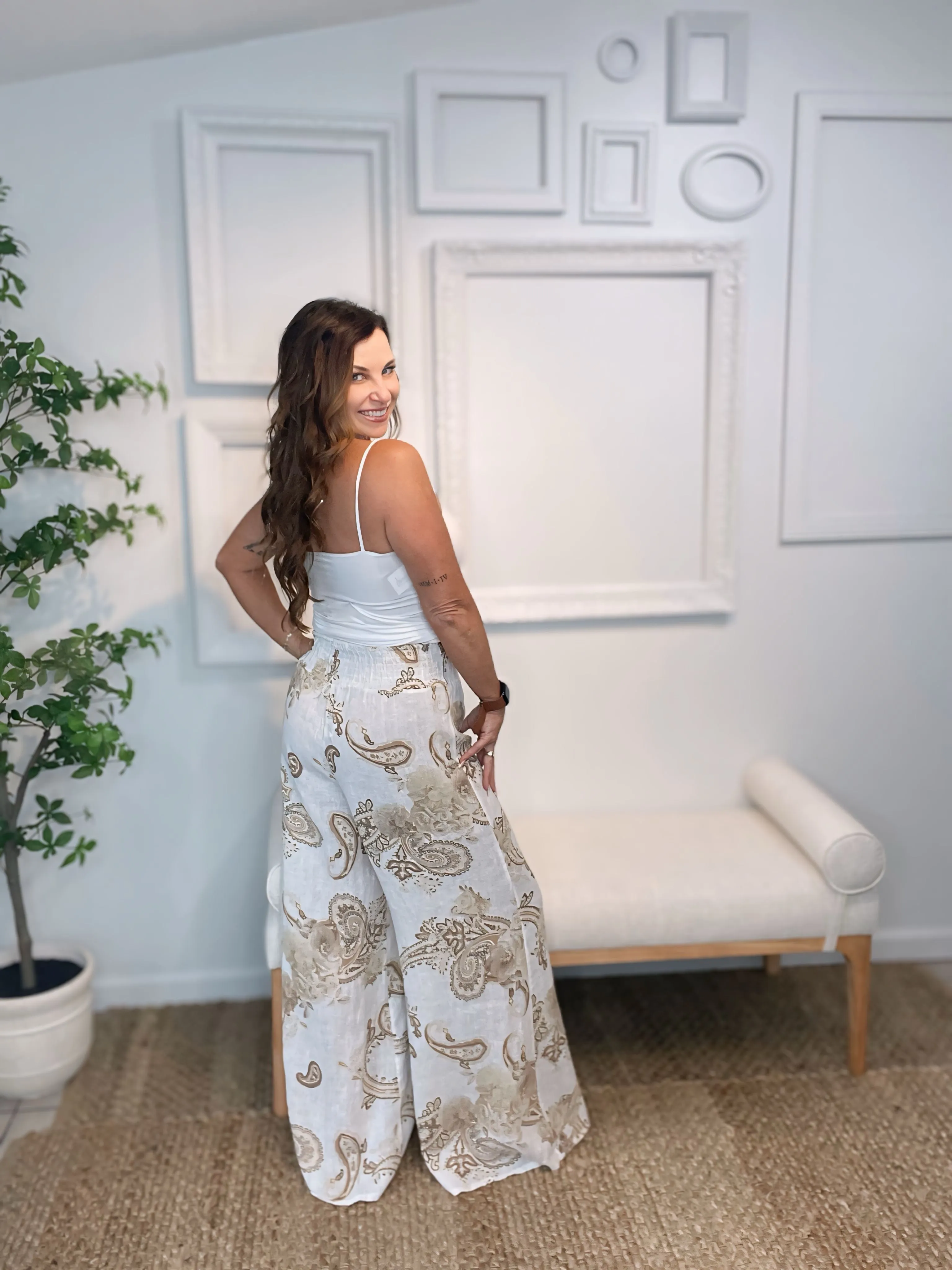 Linen Paisley Smocked Waist Pant