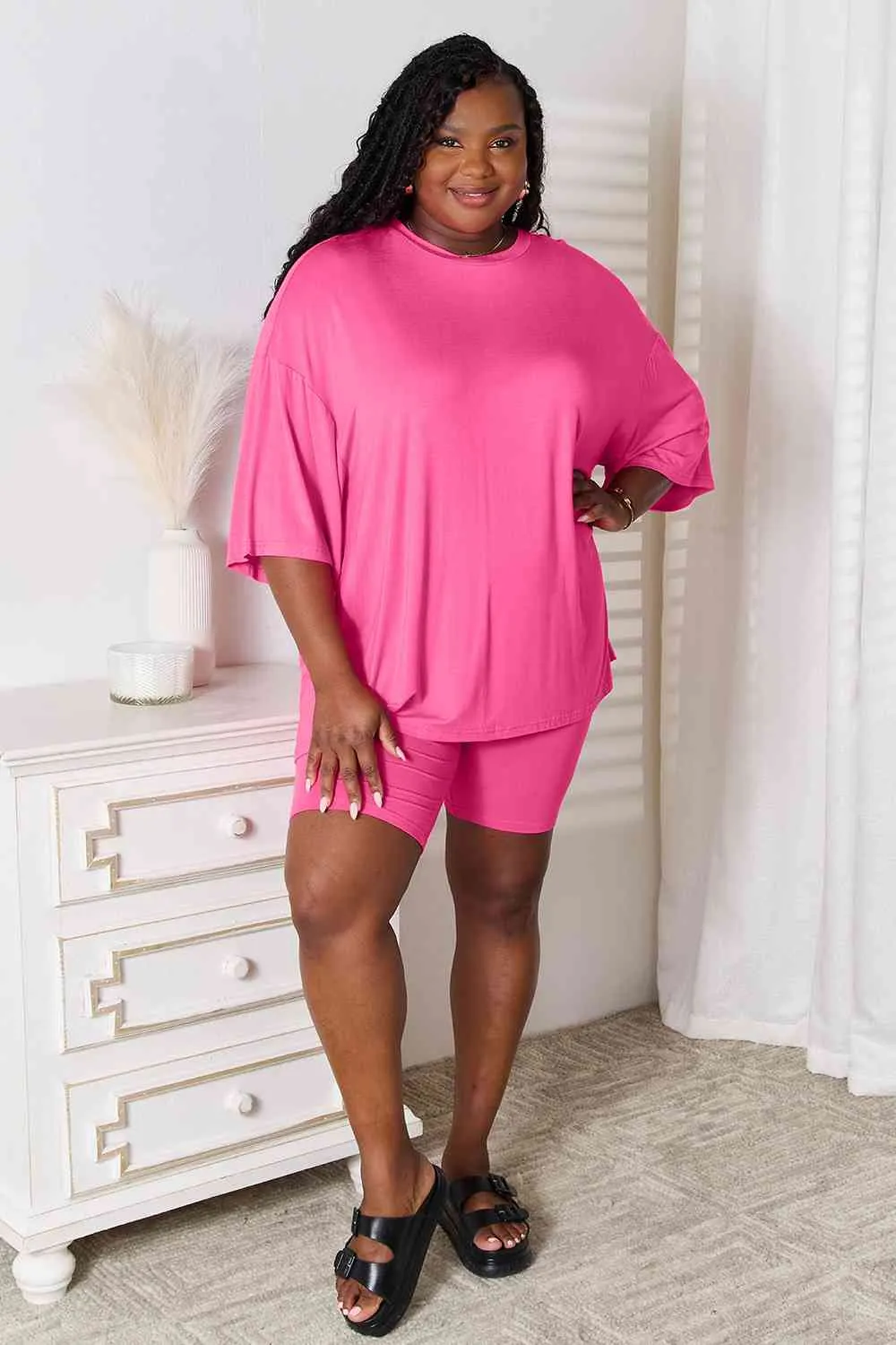 Lounge Life 2pc. Three-Quarter Sleeve Top and Biker Shorts Lounge Set (multiple color options)