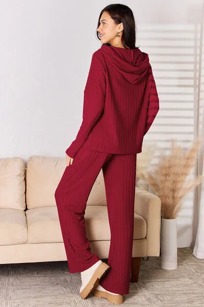 Lounge Life Ribbed Drawstring Hood Top and Straight Pants Set  (multiple color options)