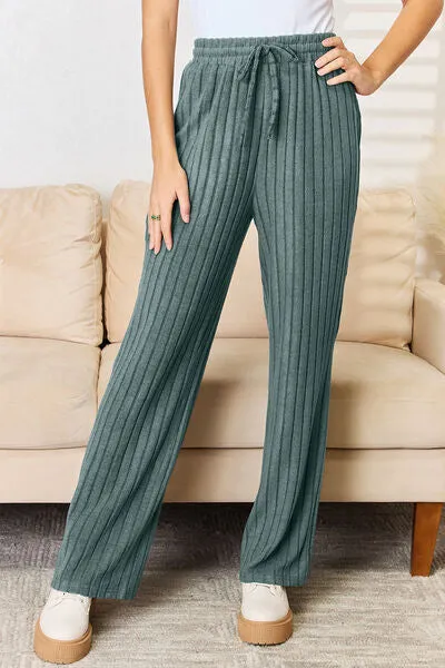 Lounge Life Ribbed Drawstring Hood Top and Straight Pants Set  (multiple color options)