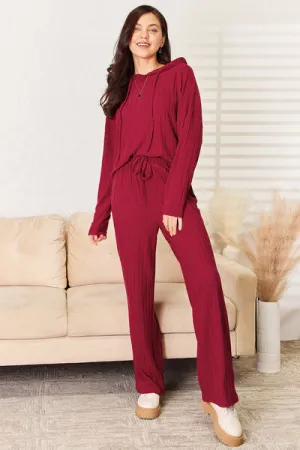 Lounge Life Ribbed Drawstring Hood Top and Straight Pants Set  (multiple color options)