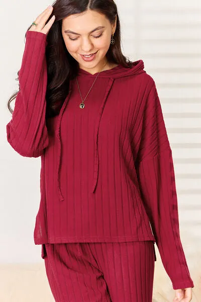 Lounge Life Ribbed Drawstring Hood Top and Straight Pants Set  (multiple color options)