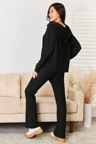 Lounge Life Ribbed Drawstring Hood Top and Straight Pants Set  (multiple color options)