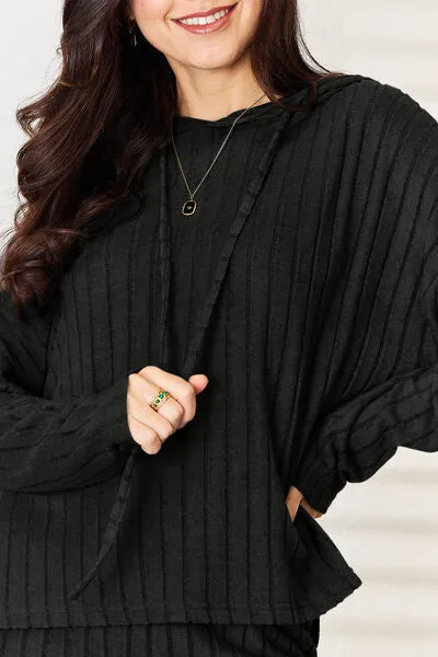 Lounge Life Ribbed Drawstring Hood Top and Straight Pants Set  (multiple color options)